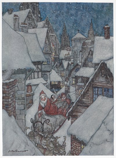 Święty Mikołaj podróżuje przez zaśnieżone ulice na swoich saniach autorstwa Arthur Rackham