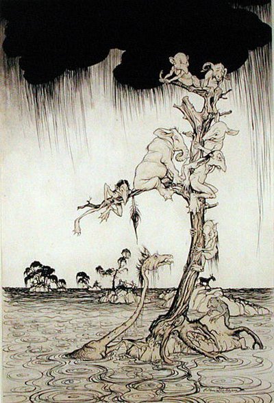 Flood (pióro, tusz i akwarela na papierze) autorstwa Arthur Rackham