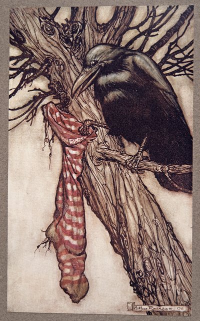 Przez lata spokojnie napełniał swoje pończochy, z Peter Pan in Kensington Gardens J M Barrie (1860 - 1937), pub. 1906 autorstwa Arthur Rackham