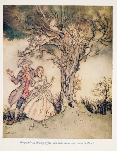 Często oglądam dziwne widoki, a w powietrzu słychać muzykę i głosy… z The Legend of Sleepy Hollow by Washington Irving (1783 - 1859), wyd. 1928 autorstwa Arthur Rackham