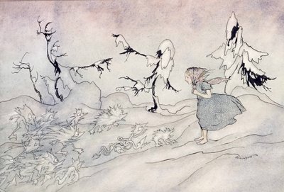 Gerda jest przerażona przednią strażą Królowych Śniegu, ale odmówiła Ojcze nasz i została uratowana przez małe jasne aniołki, ilustracja z Królowej Śniegu Hansa Christiana Andersena, opublikowana w 1932 roku (wc & i autorstwa Arthur Rackham