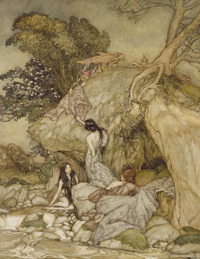 Dziewczyny nad strumieniem, 1906 (pióro, atrament i toaleta) autorstwa Arthur Rackham