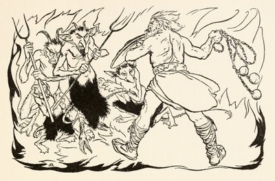Goll mac Morna atakuje piekło, aby uratować Fionna i Fianna-Finn, z Małej bójki w Allen w irlandzkich bajkach autorstwa Arthur Rackham