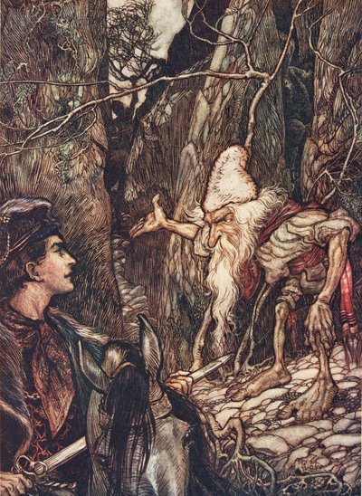 Dobry krasnoludku, czy nie możesz mi powiedzieć, gdzie są moi bracia? z Bajek braci Grimm, wyd. 1909 autorstwa Arthur Rackham