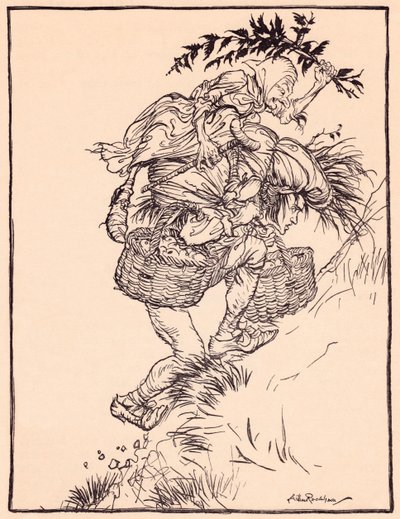 Jęcząc nieustannie, wspiął się na górę. Ilustracja autorstwa Arthura Rackhama z baśni Grimm, The Goose Girl at the Well. autorstwa Arthur Rackham