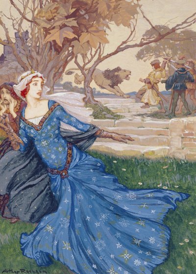 Ginewra uratowana przez La Cote Male Taile, ilustracja z Zbioru opowieści z dawnych baśni: Grimm, Andersen i opowieści króla Artura, wydana w 1905 r. (kolor ciała na papierze) autorstwa Arthur Rackham
