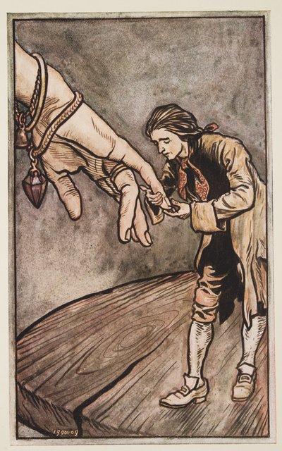 Guliwer całuje królową Brobdingnag za rękę, z Podróży Guliwera Jonathana Swifta (1667-1745), wyd. 1909 autorstwa Arthur Rackham