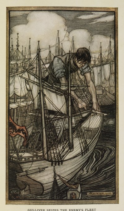 Guliwer przechwytuje flotę wroga, ilustracja z Podróży Guliwera autorstwa Jonathana Swifta, autorstwa Arthura Rackhama autorstwa Arthur Rackham