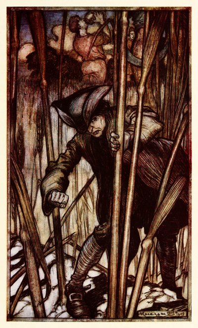 Guliwer jest porażony strachem na pierwszy widok żniwiarzy z Brobdingnagii z części II: Podróż do Brobdingnagii w Podróżach Guliwera Jonathana Swifta. autorstwa Arthur Rackham