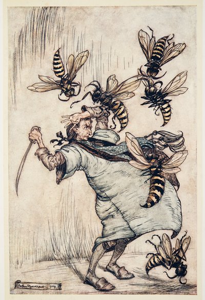 Walka Guliwera z Osami, z Podróży Guliwera Jonathona Swifta (1667-1745), wyd. 1909 (kolor lito) autorstwa Arthur Rackham
