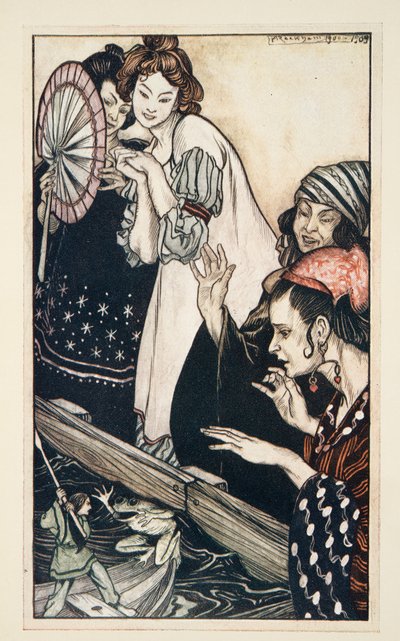 Spotkanie Guliwera z żabą, z Podróży Guliwera Jonathona Swifta (1667-1745), wyd. 1909 (kolor lito) autorstwa Arthur Rackham
