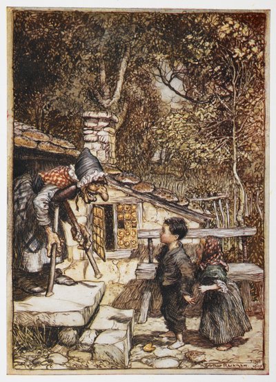 Jaś i Małgosia w domu staruszki. autorstwa Arthur Rackham