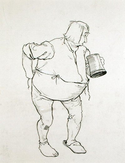 „Medytował nad potężnym szkicem: jedna ręka grzebała w swoich metkach, podczas gdy druga wyciągnęła się w akcie chwytania Jorum”, ilustracja z The Ingoldsby Legends lub Mirth and Marvels”, opublikowanej 1898 (pióro i atrament na papierze) autorstwa Arthur Rackham