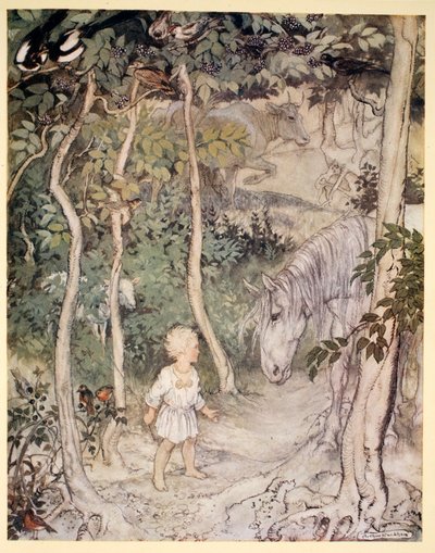 Mógłby pomyśleć, patrząc na gapiącego się konia, „chłopiec nie może machać ogonem, żeby odpędzić muchy”, ilustracja z „Irish Fairy Tales” Jamesa Stephensa, 1920 autorstwa Arthur Rackham