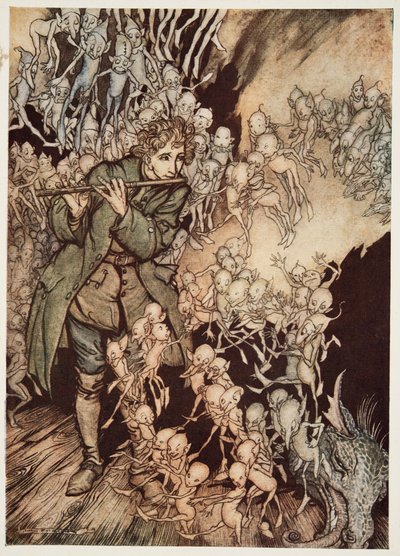 Grał, dopóki pokój nie został całkowicie wypełniony gnomami, z Little Brother & Little Sister i Other Tales by the Brothers Grimm, pub. 1917 autorstwa Arthur Rackham