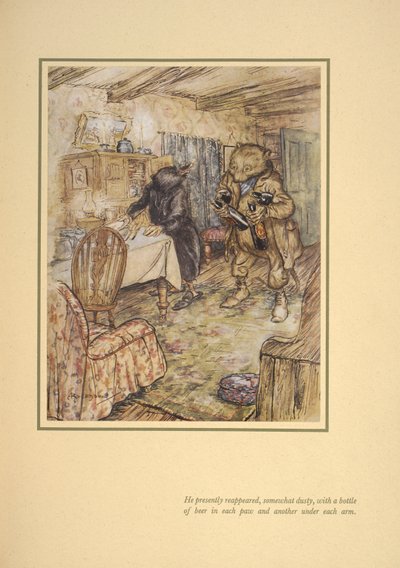 Wkrótce pojawił się ponownie, nieco zakurzony, z butelką piwa w każdym piwie pod pachami”. autorstwa Arthur Rackham