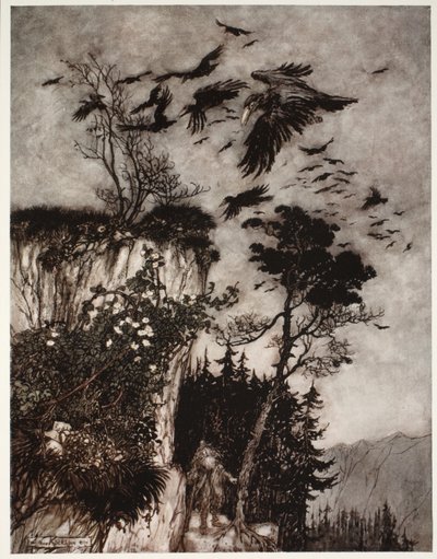 Odpowiedziało mu tylko stado bezczynnych wron, z pubu Rip Van Winkle wydanego przez Washington Irving. 1910 autorstwa Arthur Rackham