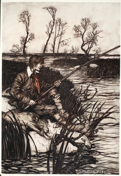 Cały dzień siedział na mokrej skale i łowił ryby, z pubu Rip Van Winkle by Washington Irving. 1910 autorstwa Arthur Rackham