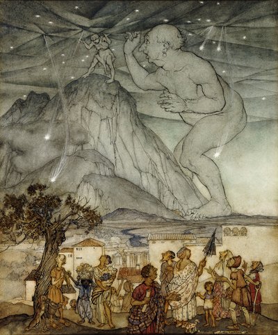 Hercules wspierający niebo zamiast Atlasa, 1922 autorstwa Arthur Rackham