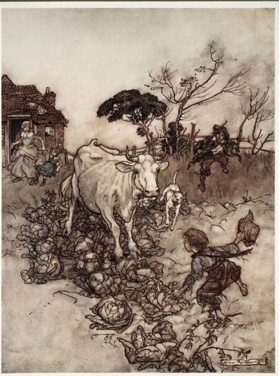 Jego krowa zbłądziła lub dostała się między kapustę, z pubu Rip Van Winkle przy Washington Irving. 1910 autorstwa Arthur Rackham