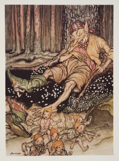 Hop-o-my-thumb podszedł cicho do Ogra i ściągnął swoje siedmioligowe buty z pubu The Arthur Rackham Fairy Book. 1933 autorstwa Arthur Rackham