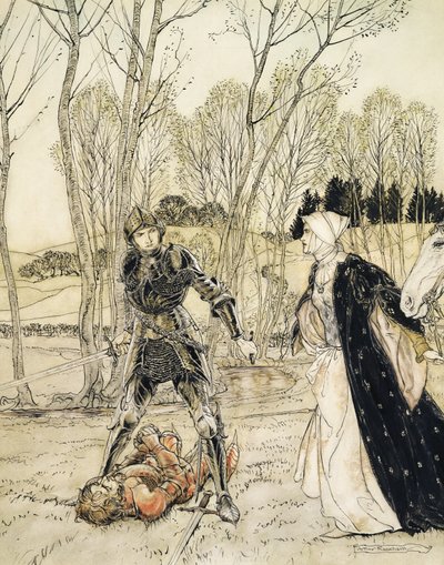 Jak Beaumains pokonał Czerwonego Rycerza i zawsze damosel wypowiadała mu wiele ohydnych słów (pióro i atrament i toaleta) autorstwa Arthur Rackham