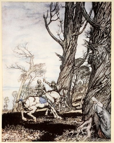 Jak Sir Launcelot zabił rycerza Sir Peris de Forest Savage, który niepokoił damy, damosels i gentlewomwen, ilustracja z 