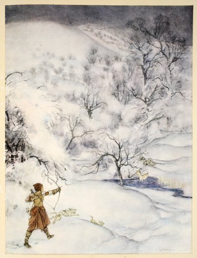 Jak sir Launcelot został zastrzelony przez polującą dżentelmenkę, ilustracja z „Rosomania króla Artura i jego rycerzy Okrągłego Stołu” Alfreda W. Pollarda, 1910 autorstwa Arthur Rackham