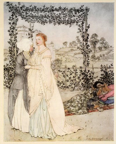 Jak nazwano Tristram małą brachet w ogrodzie zamku króla Marka, ilustracja z „Rosyju króla Artura i jego rycerzy Okrągłego Stołu” Alfreda W. Pollarda, 1910 (kolor l autorstwa Arthur Rackham