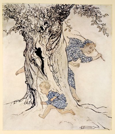 Jak wysilał się i dyszał, by złapać tę ścigającą osobę i ścigać ją, by sam zacząć działać, ilustracja z „Irish Fairy Tales” Jamesa Stephensa, 1920 autorstwa Arthur Rackham