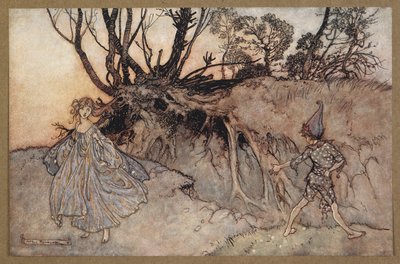 — Jakże teraz, duchu! Dokąd się włóczysz? Krążek i wróżka. Kadr z filmu „Sen nocy letniej”. autorstwa Arthur Rackham