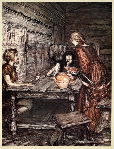 „Hunding odkrywa podobieństwo Siegmunda do Sieglunde”, 1910. autorstwa Arthur Rackham