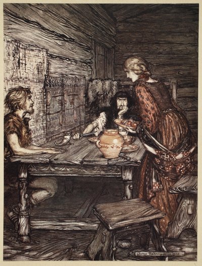 Hunding odkrywa podobieństwo między Siegmundem a Sieglunde, ilustracja z „Złoto Renu i Walkiria”, 1910 autorstwa Arthur Rackham