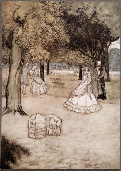 Myślę, że najbardziej wzruszającym widokiem w Ogrodach są dwa nagrobki Waltera Stephena Matthewsa i Phoebe Phelps..., z Piotrusia Pana w Kensington Gardens JM Barrie (1860 - 1937), wyd. autorstwa Arthur Rackham
