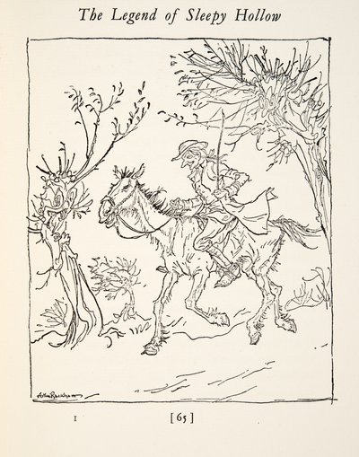 Ichabod Crane uciekający przed Bezgłowym Jeźdźcem, z The Legend of Sleepy Hollow autorstwa Washingtona Irvinga (1783 - 1859), wyd. 1928 autorstwa Arthur Rackham