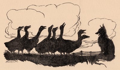 Ilustracja autorstwa Arthura Rackhama z baśni Grimm, Lis i gęsi. autorstwa Arthur Rackham