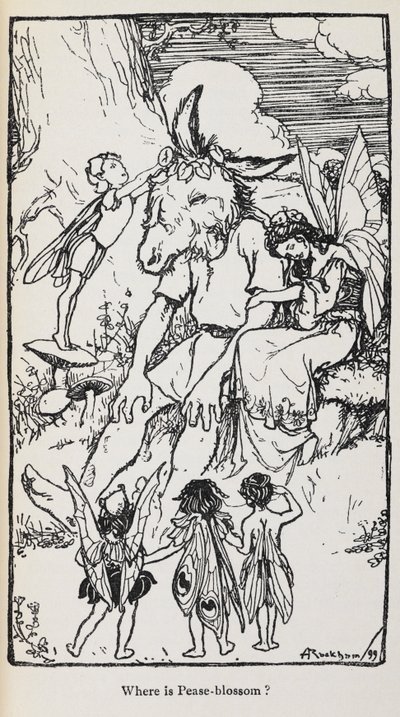 Ilustracja ze Snu nocy letniej z wróżkami i mężczyzną z głową osła. autorstwa Arthur Rackham