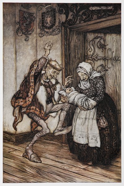 Ilustracja z Briar Rose przedstawiająca starszych królów i królową oraz ich dziecko. autorstwa Arthur Rackham