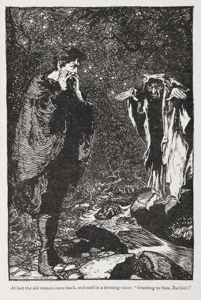 Ilustracja autorstwa Jorindy i Joringela przedstawiająca Zachiela i staruszkę. autorstwa Arthur Rackham