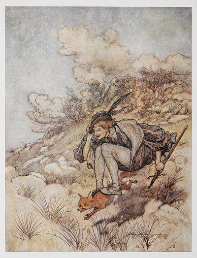 Ilustracja ze Złotego ptaka. Książę jadący na lisie. autorstwa Arthur Rackham