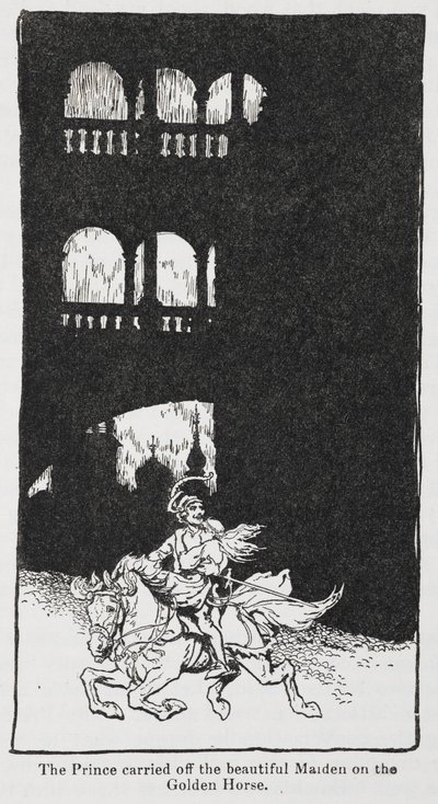 Ilustracja ze Złotego ptaka, kiedy książę porywa dziewczynę na koniu. autorstwa Arthur Rackham