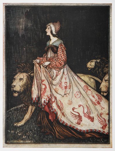 Ilustracja z Damy i lwa. autorstwa Arthur Rackham