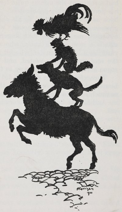Ilustracja muzyków z Bremy przedstawiająca osła, psa, kota i koguta. autorstwa Arthur Rackham