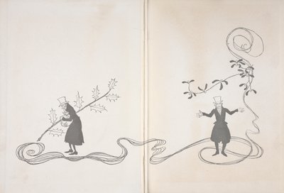 Ilustração de Scrooge. De um lado, ele é representado por um ramo de azevinho, segurando um saco de dinheiro e parecendo zangado. Por outro, ele é retratado com um ramo de visco parecendo feliz.polonês autorstwa Arthur Rackham