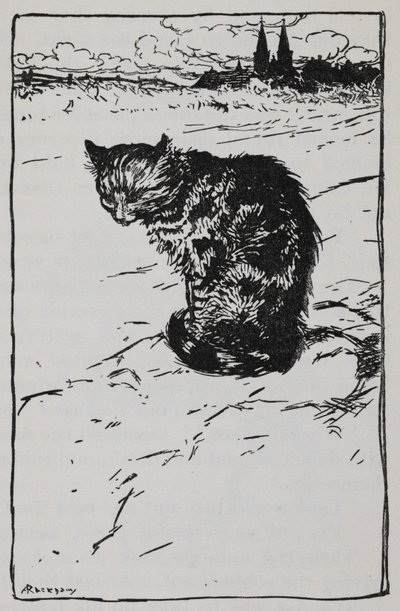 Ilustracja przedstawiająca kota z filmu The Bremen Town Musicians. autorstwa Arthur Rackham