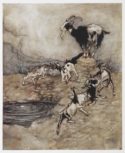 Ilustracja przedstawiająca kozę i jej małe dzieci bawiące się z filmu Wilk i siedmioro dzieci. autorstwa Arthur Rackham