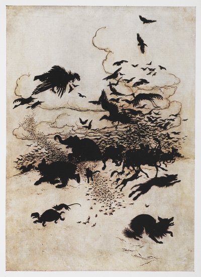 Ilustracja przedstawiająca panikę zwierząt ze strzyżyka i niedźwiedzia. autorstwa Arthur Rackham