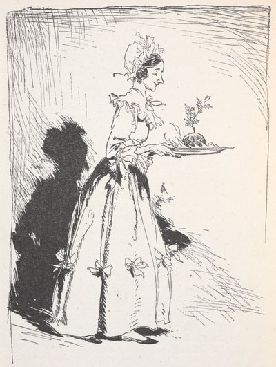 Ilustracja przedstawiająca kobietę niosącą świąteczny pudding autorstwa Arthur Rackham