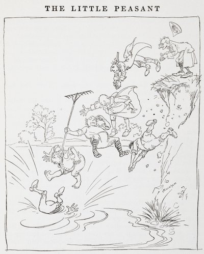 Ilustracja przedstawiająca mężczyzn skaczących z urwiska do stawu z filmu „Mali chłopi”. autorstwa Arthur Rackham