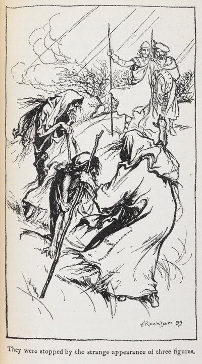 Ilustracja przedstawiająca trzy czarownice, Makbeta i Banka. autorstwa Arthur Rackham